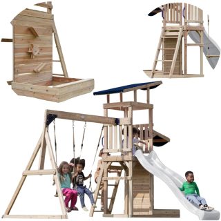 AXI Wooden Large Playground Swings Slide Tower + Sandbox - White