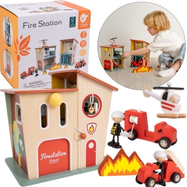 CLASSIC-WORLD-Wooden-Fire-Station-Garage-Car-Helicopter-Figures-13pcs CLASSIC WORLD Wooden Fire Station Garage Car Helicopter Figures 13pcs.