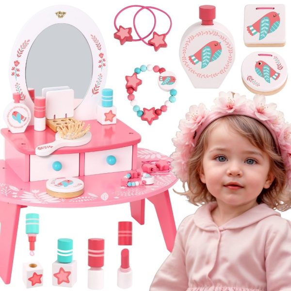 TOOKY-TOY-Pink-Wooden-Makeup-Dressing-Table-with-Mirror TOOKY TOY Pink Wooden Makeup Dressing Table with Mirror
