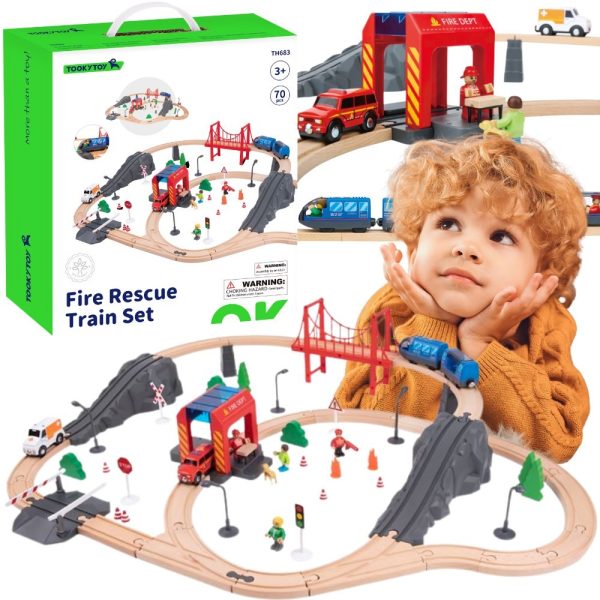 Tooky Toy Wooden Electric Train Fire Department Sound Effects 70 pcs FSC