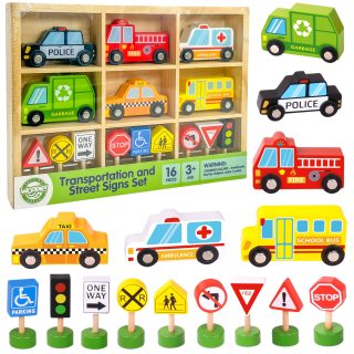 WOOPIE GREEN Set of Wooden Vehicles and Road Signs 15 pcs.