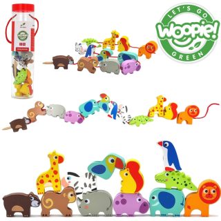 WOOPIE GREEN Wooden Threading Blocks Safari Animals ZOO 13 pcs.