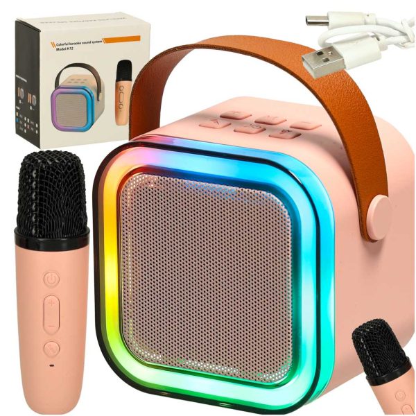 Karaokės rinkinys "Bluetooth" garsiakalbis mikrofonas USB LED rožinisŽaislai / elektroniniai žaislai Karaokės rinkinys "Bluetooth" garsiakalbis mikrofonas USB LED rožinis