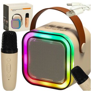 Karaokės rinkinys "Bluetooth" garsiakalbis mikrofonas USB LED smėlio spalvos