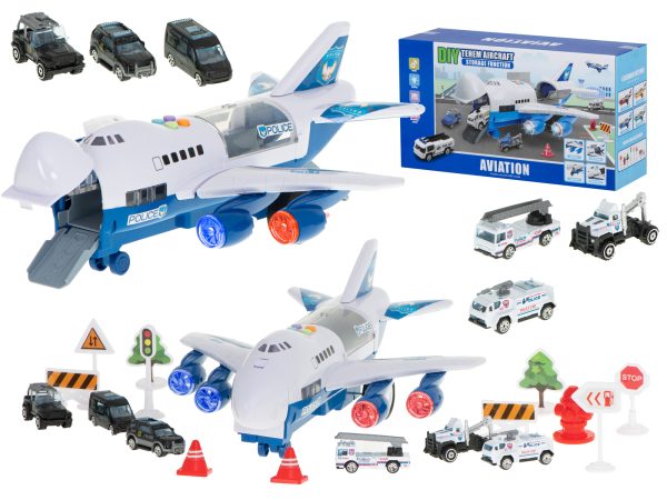 Transporterio lėktuvas + 6 automobiliai policijos šonas/priekyjeŽaislai/Automobiliai ir transporto priemonės Transporterio lėktuvas + 6 automobiliai policijos šonas/priekyje