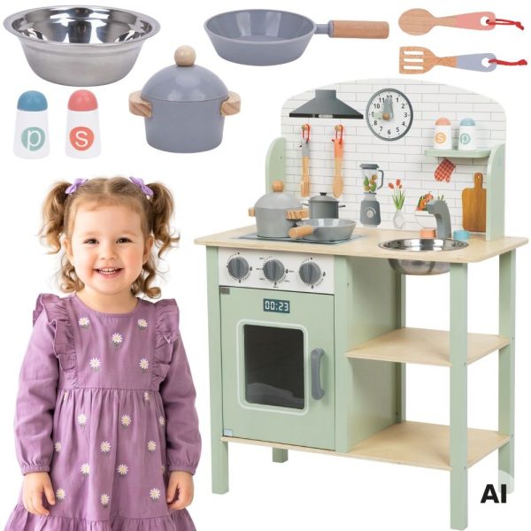 TOOKY-TOY-Green-Wooden-Kitchen-with-Accessories TOOKY TOY Green Wooden Kitchen with Accessories